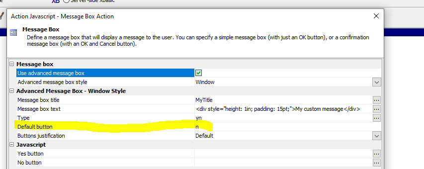 Message Box Action with Default button highlighted